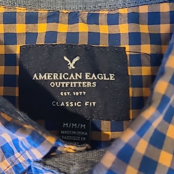 American Eagle Classic Fit Button Up Front Shirt Checkered Long Sleeve Collar - Picture 3 of 16